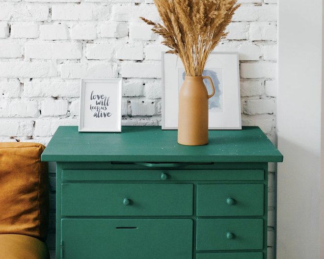 plant on top of a drawers table.